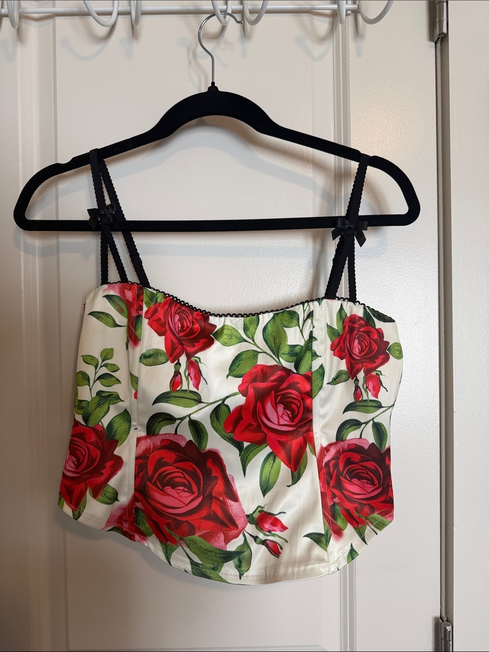 Jaded London White Satin Cami with Red Rose Print and Black Trim